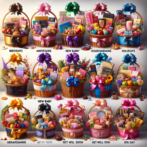A collection of ten uniquely themed gift baskets arranged in a semi-circle. Each basket is designed for a different occasion, such as birthdays, anniversaries, holidays, and more. They are adorned with colorful ribbons and contain various items like chocolates, fruits, spa essentials, and gourmet foods.