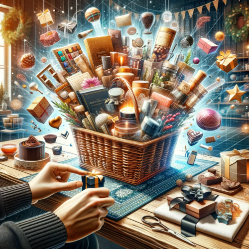 A detailed scene of building a themed gift basket. Hands are shown arranging a variety of items including gourmet foods, spa products, chocolates, and books into a basket, against a festive background with decorative elements.