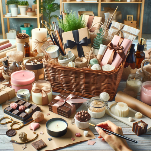 An image depicting the assembly of a luxurious yet budget-friendly gift basket. Affordable items like scented candles, handmade soaps, small potted plants, and chocolates are arranged in a basket, set against a home DIY setting with cost-effective wrapping materials.
