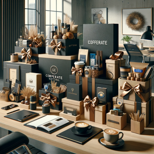 A sophisticated image showcasing a range of innovative corporate gift baskets. Each basket contains items like high-quality stationery, gourmet coffee, tech gadgets, and luxury snacks, set in a modern office environment.