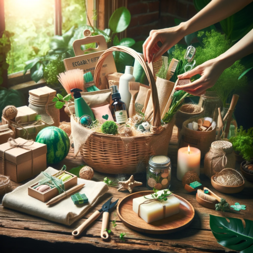 An image showcasing the assembly of an eco-friendly gift basket with a variety of sustainable items. Organic products, natural beauty items, eco-gadgets, and plant-based snacks are arranged on a wooden surface, surrounded by greenery.
