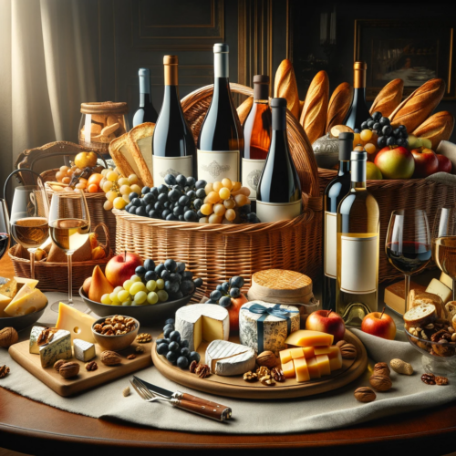 A wooden table elegantly displaying gourmet food baskets and fine wine bottles.