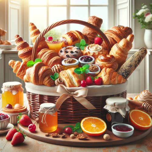 A gourmet breakfast basket with croissants, pastries, artisanal jam, honey, strawberries, and mint on a wooden table in a sunny kitchen.