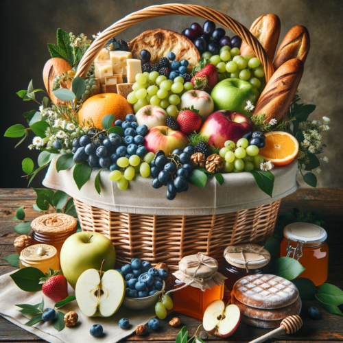  A gourmet basket filled with organic fruits, bread, honey, and cheese on a rustic wooden table.