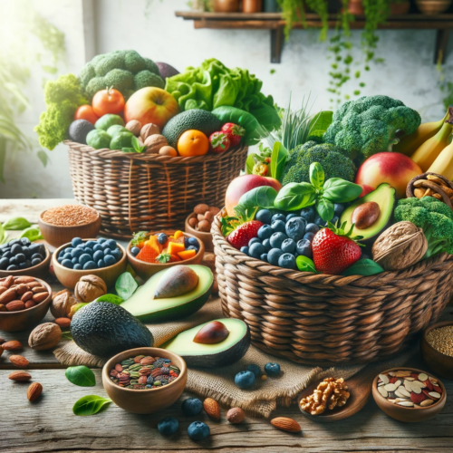 A colorful array of superfoods arranged in woven baskets on a wooden table, illuminated by natural light in a kitchen setting.