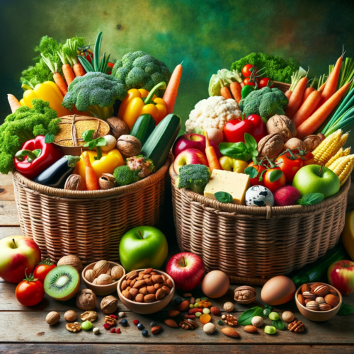 Two food baskets on a wooden table. The left basket, labeled 'Vegan Delights', is filled with a variety of fresh vegetables, fruits, and plant-based foods. The right basket, labeled 'Vegetarian Delights', contains fruits, vegetables, dairy products, and eggs.