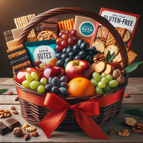 A gift basket filled with gluten-free snacks and colorful fruits, tied with a red ribbon on a wooden table.