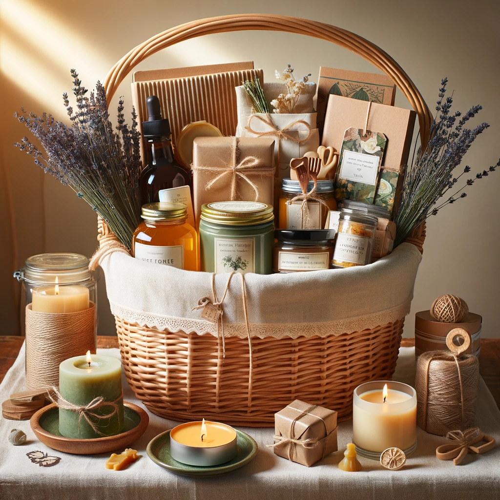 An eco-friendly gift basket filled with natural, sustainable items like organic teas, handmade soaps, and beeswax candles, adorned with natural twine and dried lavender.