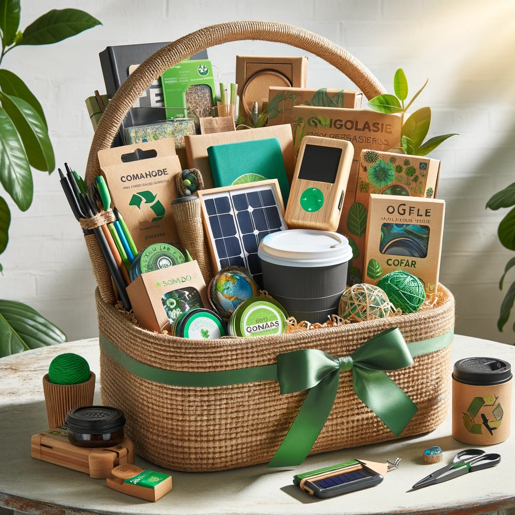 A corporate gift basket featuring eco-friendly items like bamboo office supplies, solar-powered gadgets, and plant-based snacks, all promoting sustainability.