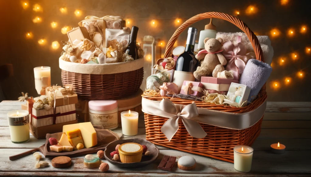 Beautifully arranged gift baskets for various occasions, including gourmet foods, spa items, and baby products, on a rustic wooden table with warm lighting.