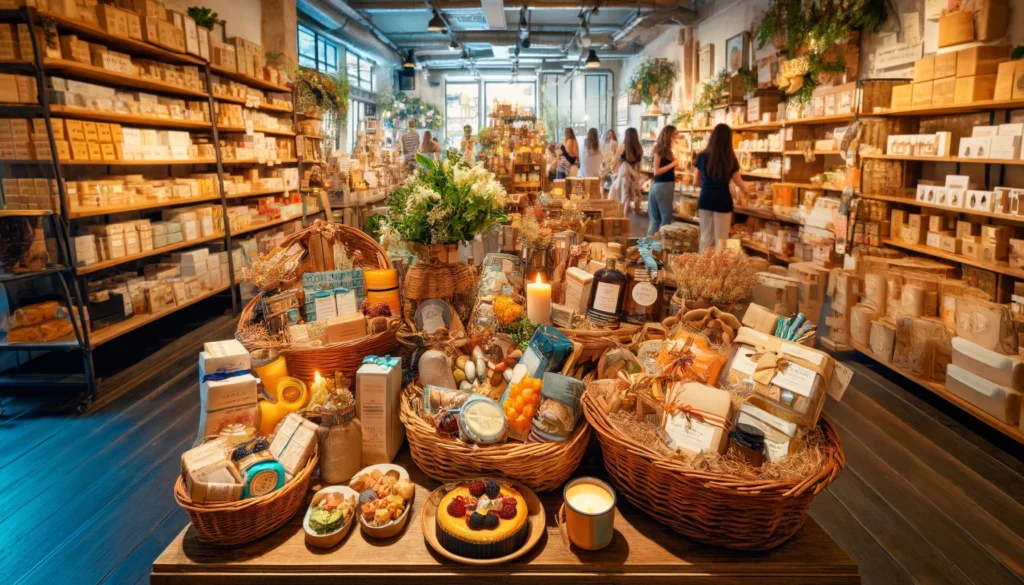 A display of unique gift baskets in a cozy local store, filled with artisanal goods like gourmet cheeses, handmade chocolates, and spa products, with shoppers browsing the selections.
