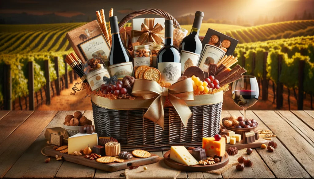 A beautifully arranged wine country gift basket featuring fine wines, gourmet cheese, crackers, chocolates, and nuts, packaged in a wicker container with a decorative bow, set on a rustic table with a vineyard backdrop.