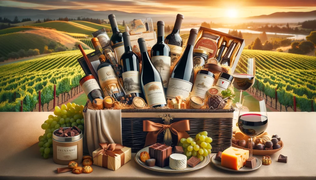 A luxury wine country gift basket with fine wines, gourmet snacks, artisanal cheeses, chocolates, and wine accessories, arranged beautifully with a backdrop of rolling vineyards at sunset.