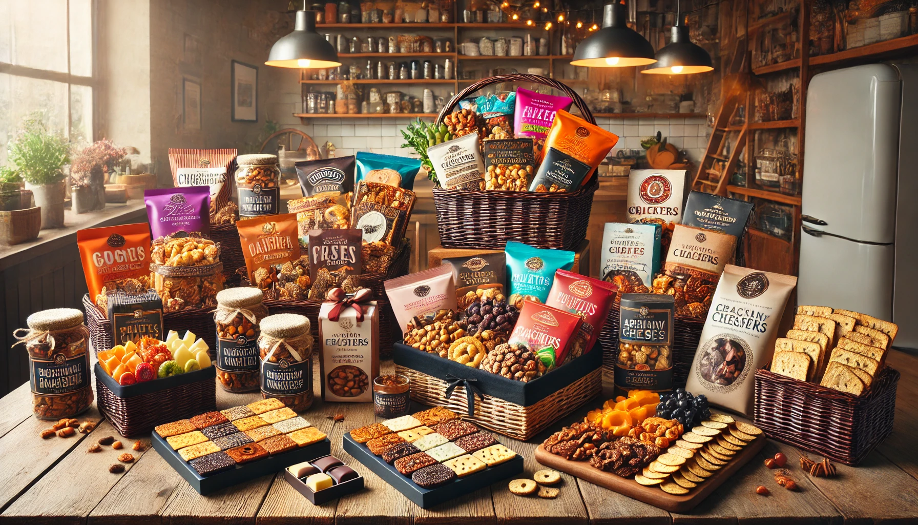 A collection of gourmet snack food baskets with different themes and flavors, including chocolate treats, dried fruits, nuts, crackers, and artisan cheeses, arranged on a wooden table in a cozy kitchen setting with warm lighting.