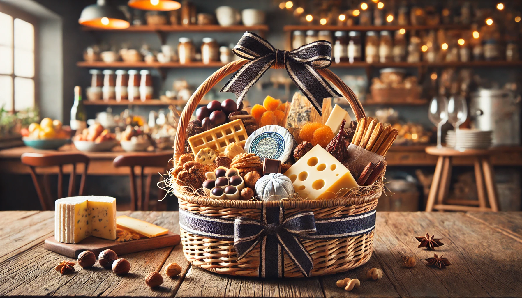 Beautifully arranged high-quality snack food basket with artisanal cheeses, crackers, chocolates, dried fruits, and nuts on a rustic wooden table in a cozy kitchen.